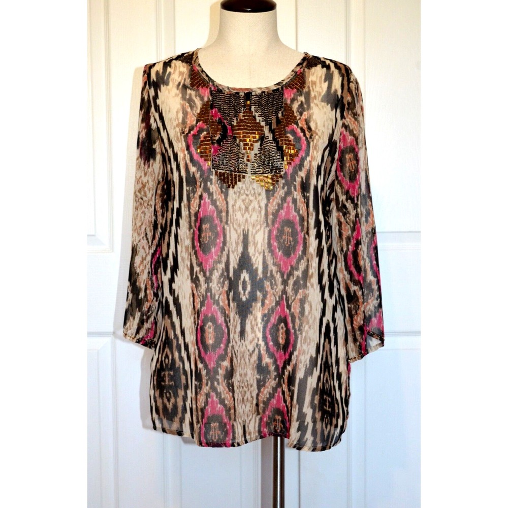 CHICO'S Top Size 1 Womens XL Sheer Sleeve Embellished Spring Summer Blouse
